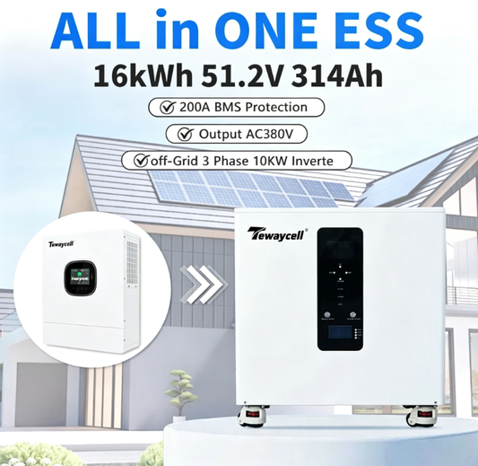 Tewaycell 51.2V 314Ah 16kWh All-in-One Energy Storage System LiFePO4 Battery with 10kW Three-Phase Hybrid Inverter, Smart BMS, MPPT & Active Equalization