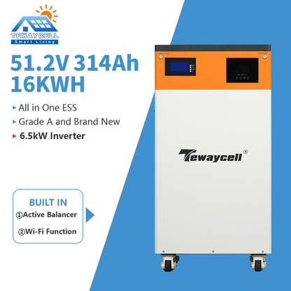 All-in-One 6.5kW Inverter & 51.2V 314Ah (16kWh) LiFePO4 Home ESS | Grade A Cells + Active Balancer + WiFi Function