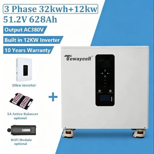 Tewaycell 32KWH 28KWH All in One Battery 51.2V 628Ah Mobile ESS Built in 12KW Hybrid off-grid AC380V Three Phase Inverter, Smart 300A BMS, 5A Active Balancer