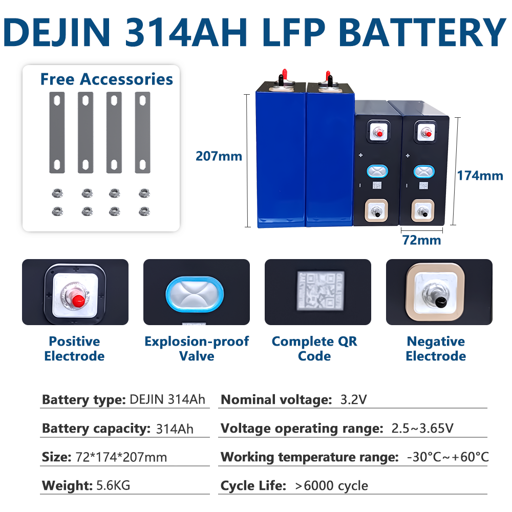 DEJIN 314Ah LiFePO4 Battery Cells - Brand New Grade A+ with QR Code