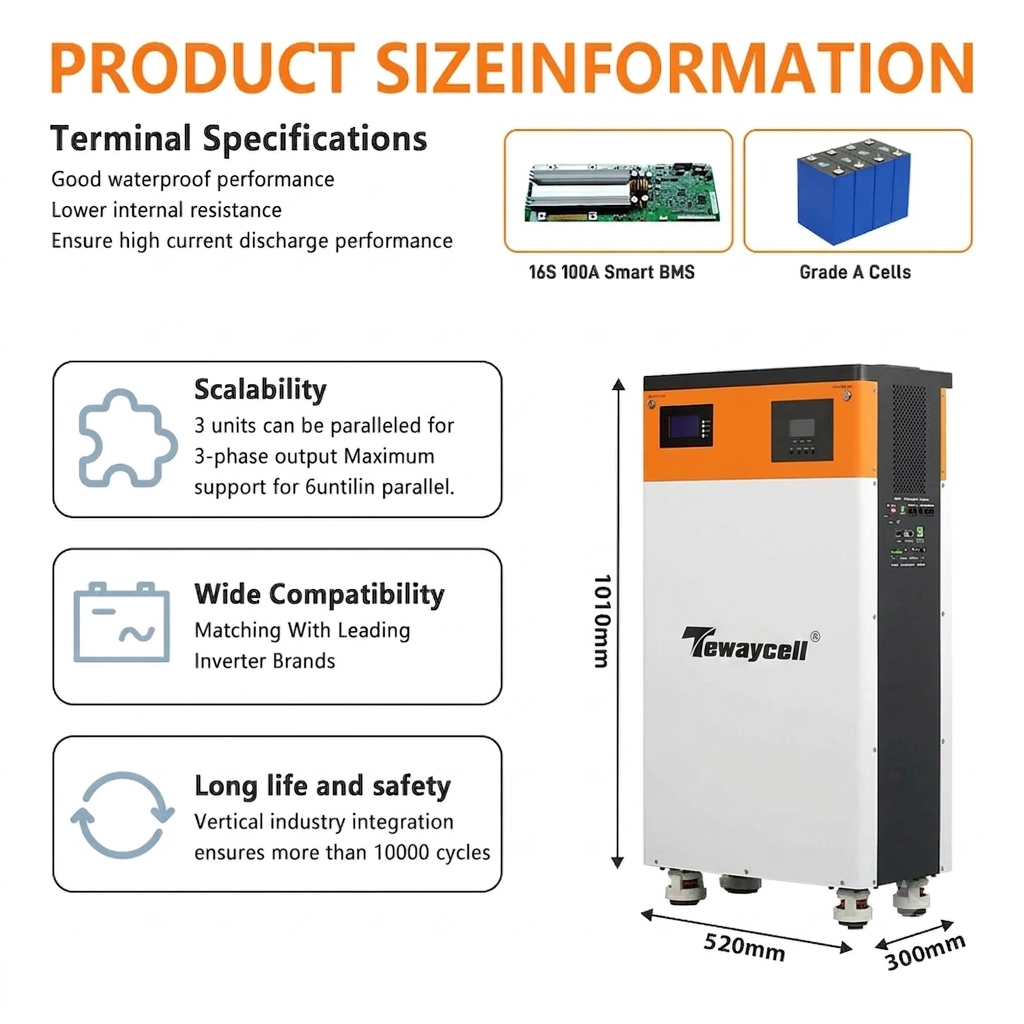 Tewaycell 16kWh All in One ESS 51.2V 314Ah LiFePO4 Battery Built-in 5kW Hybrid 230Vac Off-Grid Inverter
