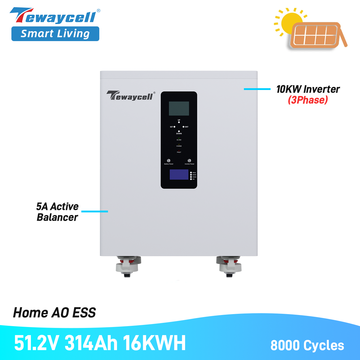 Tewaycell 51.2V 314Ah 16kWh All-in-One Energy Storage System LiFePO4 Battery with 10kW Three-Phase Hybrid Inverter, Smart BMS, MPPT & Active Equalization