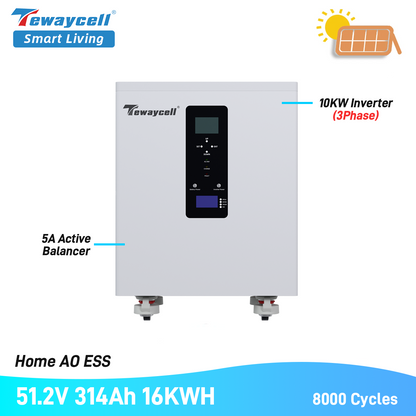 Tewaycell 51.2V 314Ah 16kWh All-in-One Energy Storage System LiFePO4 Battery with 10kW Three-Phase Hybrid Inverter, Smart BMS, MPPT & Active Equalization