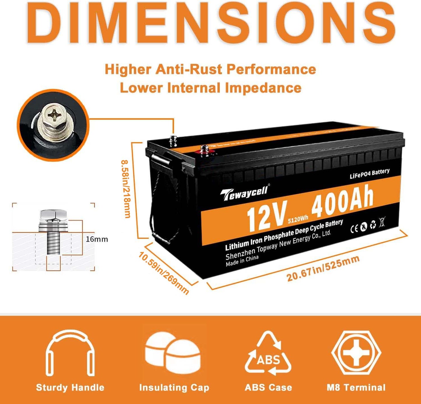 Tewaycell 12V 400AH LiFePO4 Battery Built-in Samrt BMS With Bluetooth