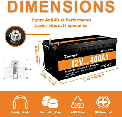 Tewaycell 12V 400AH LiFePO4 Battery Built-in Samrt BMS With Bluetooth