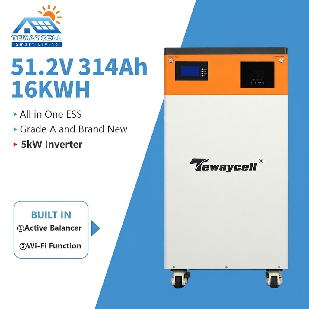 Tewaycell 16kWh All in One ESS 51.2V 314Ah LiFePO4 Battery Built-in 5kW Hybrid 230Vac Off-Grid Inverter